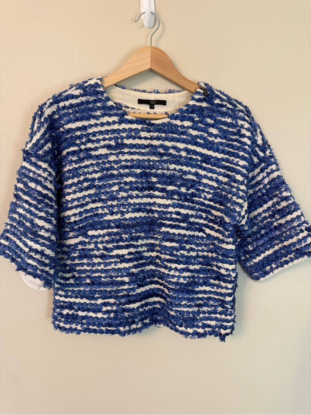 Tibi Chenille Tweed Kimono Sleeve Crop Top Blue White XS Textured